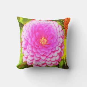 Pretty Round Pink Zinnia in the Summer Garden Throw Pillow
