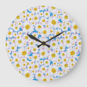 Pretty Round Wall Clock: Ditzy Daisies on Blue Large Clock