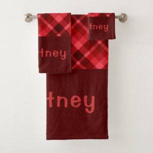 Pretty Ruby Red Plaid Monogram Bath Towel Set