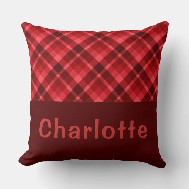 Pretty Ruby Red Plaid Monogram Big Throw Pillow (Front)