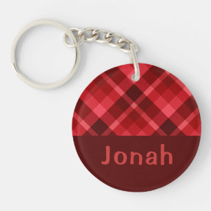Pretty Ruby Red Plaid Monogram Circle Keychain