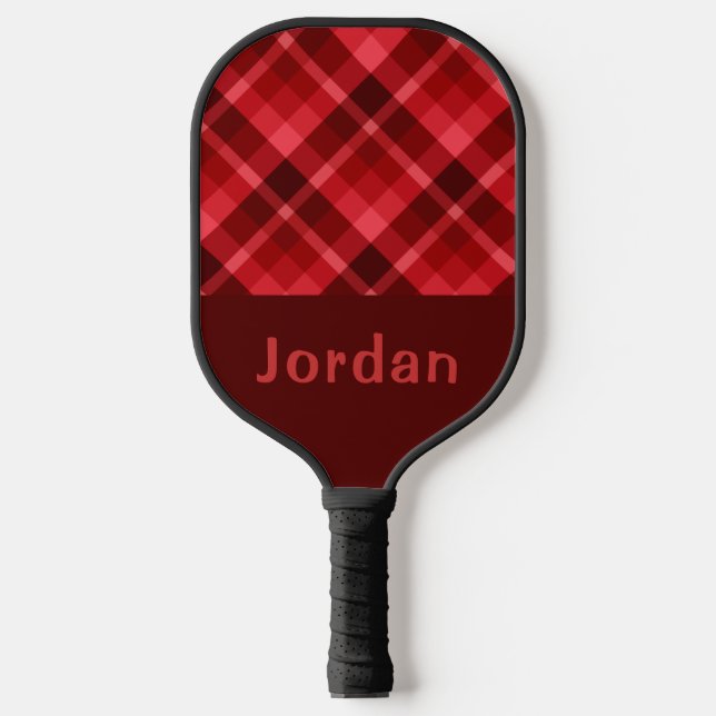 Pretty Ruby Red Plaid Monogram Pickleball Paddle (Front)