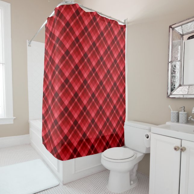 Pretty Ruby Red Plaid Pattern Shower Curtain (In Situ)