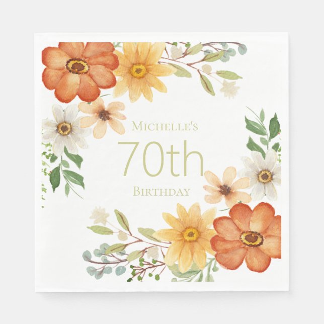 Pretty Rust Yellow White Flowers 70th Birthday  Napkin (Front)