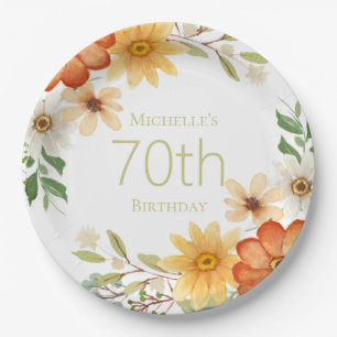 Pretty Rust Yellow White Flowers 70th Birthday Paper Plate