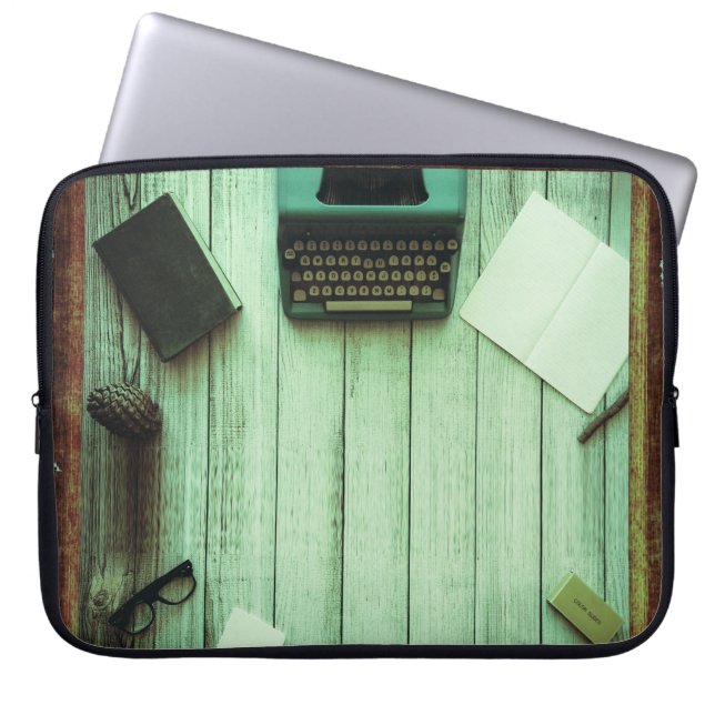 Pretty Rustic Aqua Book Typewriter Writing Laptop Sleeve (Front)