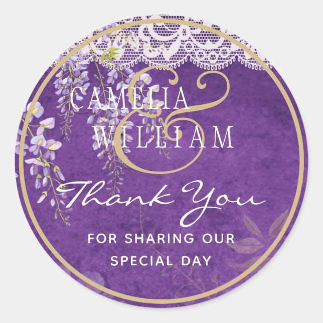 Pretty Rustic Purple WISTERIA Lace Wedding Classic Round Sticker (Front)
