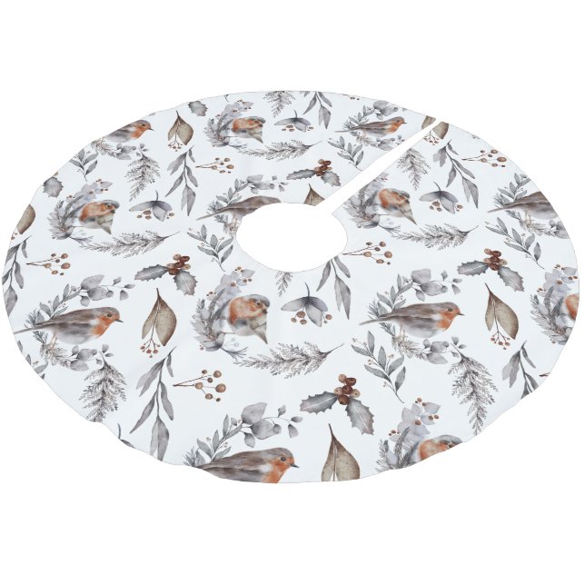 Pretty Rustic Winter Sparrow Christmas Holiday Brushed Polyester Tree Skirt (Angled)