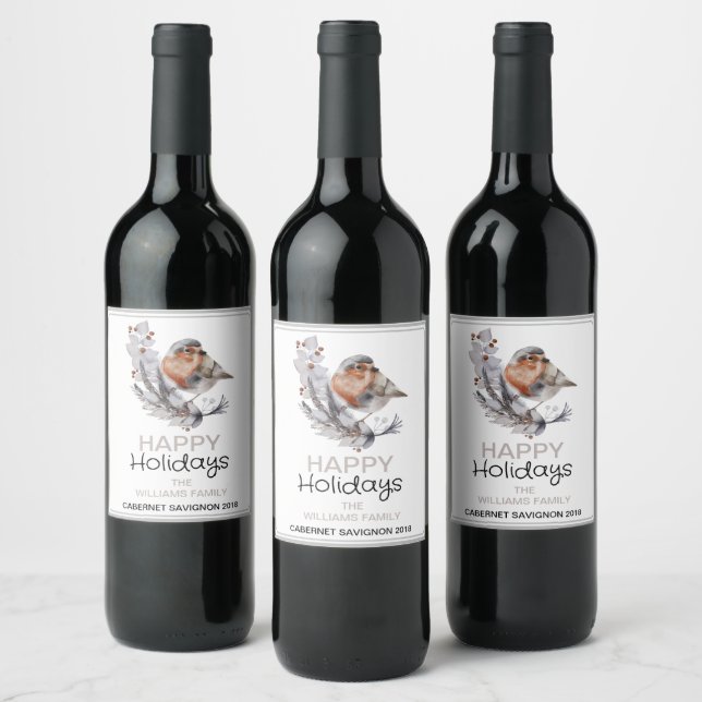 Pretty Rustic Winter Sparrow Christmas Wine Label (Bottles)