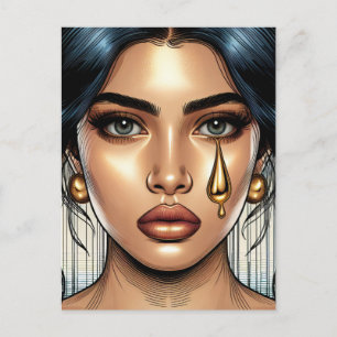 Pretty Sad Woman with Gold Tear Postcard