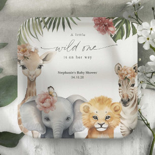 Pretty Safari Animals Wild One Baby Girl Shower Paper Plate