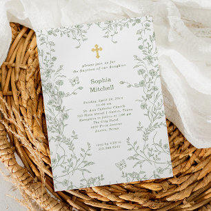 Pretty Sage Green Garden Vines and Floral Baptism Invitation