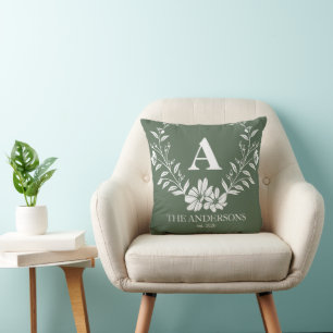 Pretty Sage Green Personalized Initial Monogram Throw Pillow