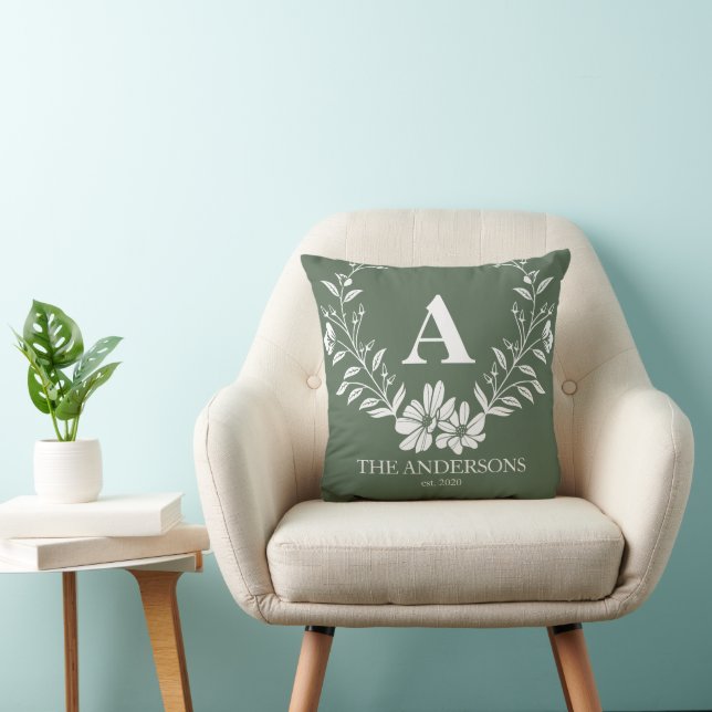 Pretty Sage Green Personalized Initial Monogram Throw Pillow (Chair)