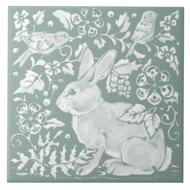 Pretty Sage Green Rabbit Bird Woodland Floral Tile (Front)