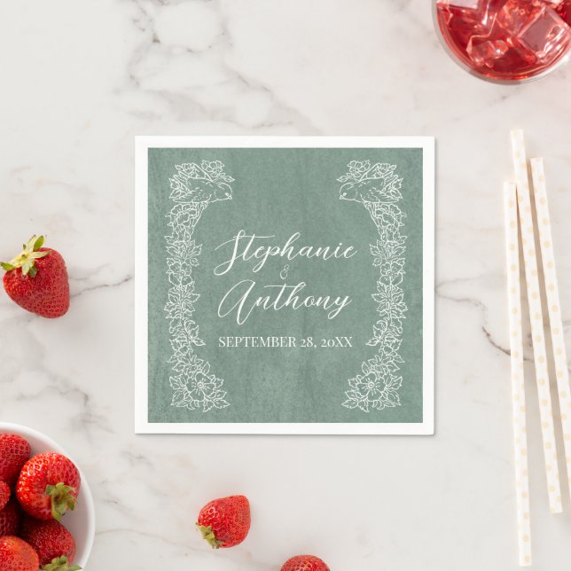 Pretty Sage Green White Bird Wildflower Border  Napkin (Insitu)