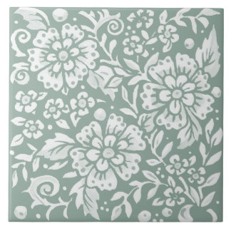 Pretty Sage Green White Floral Flower Design Tile