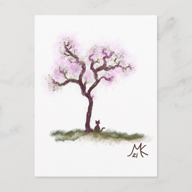 Pretty Sakura Tree with Small Cat Postcard (Front)