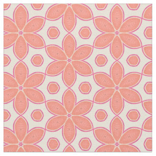 Pretty Salmon Pink Flowers & Dots Pattern Fabric