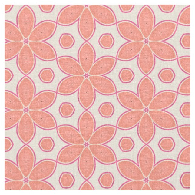 Pretty Salmon Pink Flowers & Dots Pattern Fabric (Close Up)