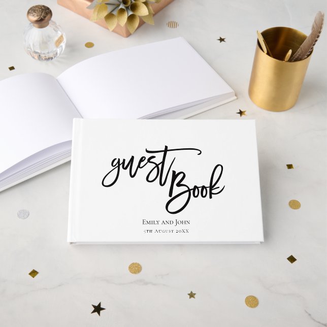Pretty script Black Typography and Border Wedding Guest Book (Front Open)