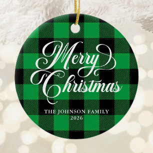 Pretty Script Green and Black Buffalo Plaid Photo Ceramic Ornament
