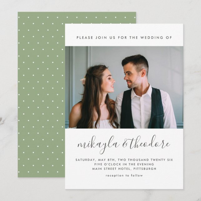 Pretty Script Green Dot Print Photo Wedding Invitation (Front/Back)