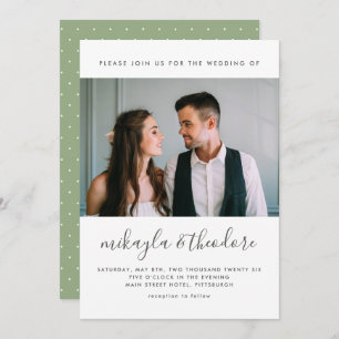 Pretty Script Green Dot Print Photo Wedding Invitation