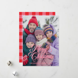 Pretty Script Pink and Red Buffalo Plaid Photo Holiday Card
