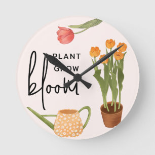Pretty Script Plant Grow Bloom Tulip Round Clock