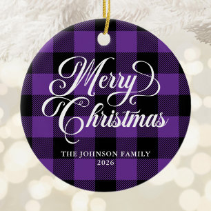 Pretty Script Purple and Black Buffalo Plaid Photo Ceramic Ornament