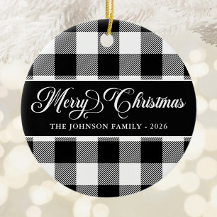 Pretty Script White and Black Buffalo Plaid Photo Ceramic Ornament
