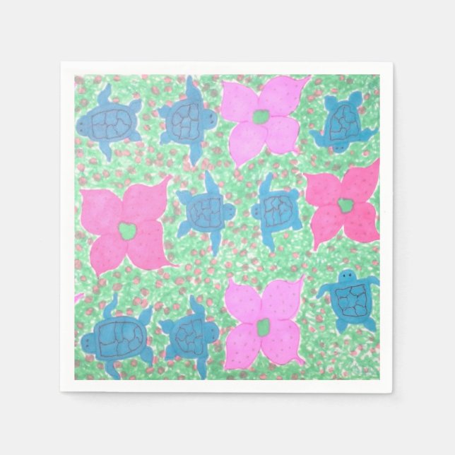 Pretty Sea Turtle and Flower Paper Napkins (Front)