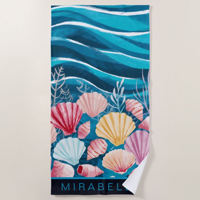 Pretty Seashells & Blue Waves Custom Beach Towel (Front)