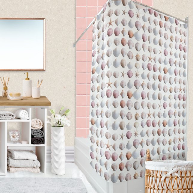 Pretty Seashells Ocean Sea Marine Shell Patterned (A stylish shower curtain with a pattern of white and pink seashells, for a summery nautical look)