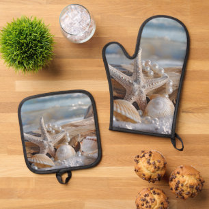 Pretty Seashells White Pearls Driftwood Oven Mitt & Pot Holder Set