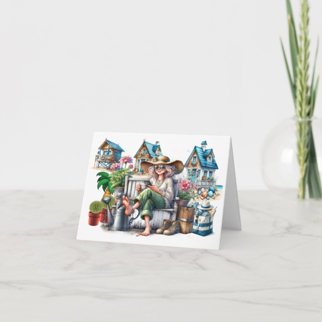 Pretty Senior Beach Lady  Note Card (Front)