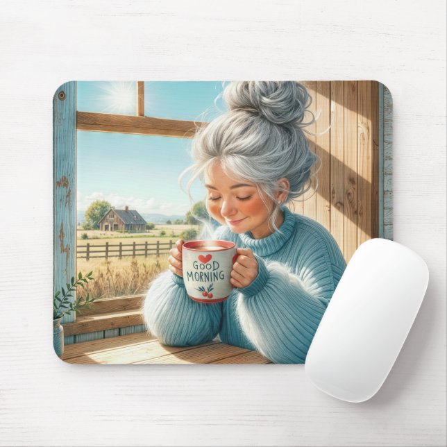 Pretty Senior Lady Drinking Coffee Mouse Pad (With Mouse)