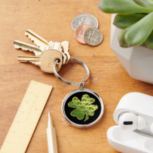 Pretty Shamrock Pattern Gold Border Keychain