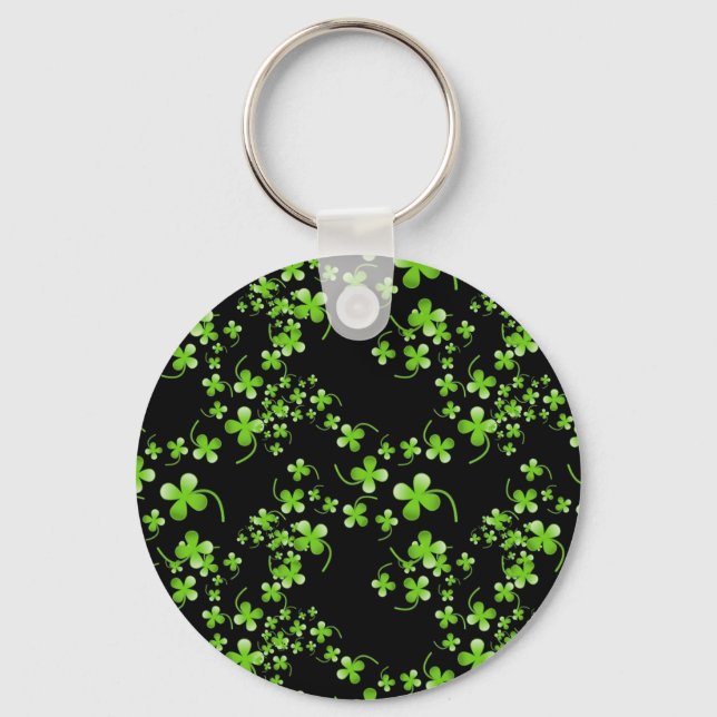 Pretty Shamrock pattern, green on black accessory Keychain (Front)