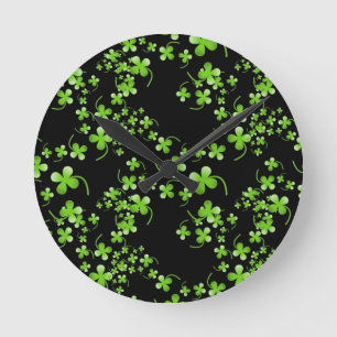 Pretty Shamrock pattern, green on black accessory Round Clock