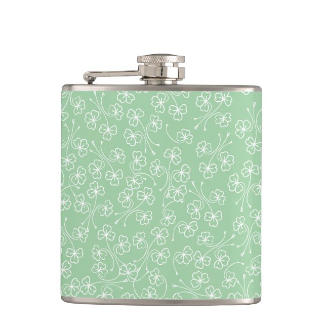 Pretty Shamrocks White Outlines on Green Hip Flask (Front)