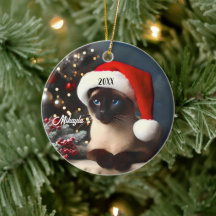 Pretty Siamese Cat in a  Santa Hat Christmas