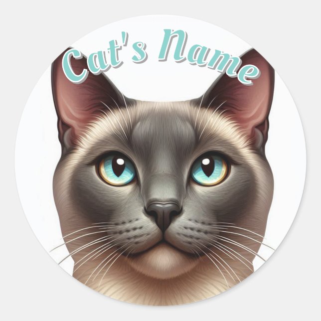 Pretty Siamese Shorthaired Cat • Personalized Classic Round Sticker (Front)