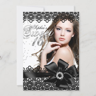 Pretty Silver Black Lace Photo Sweet 16 Invite