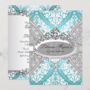Pretty Silver Blue Damask & Tiara Quinceanera Invitation