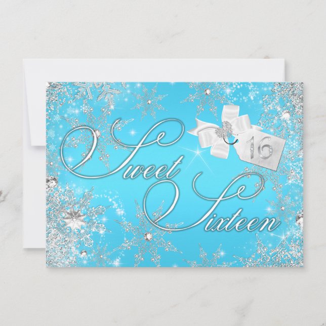 Pretty Silver Blue Snowflake Sweet 16 Invitation (Front)