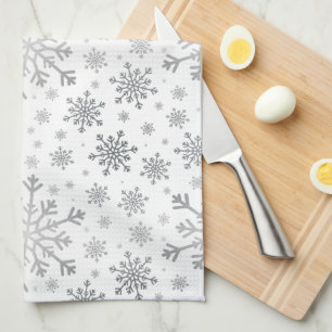 Pretty Silver Christmas Snowflakes on Winter White Kitchen Towel