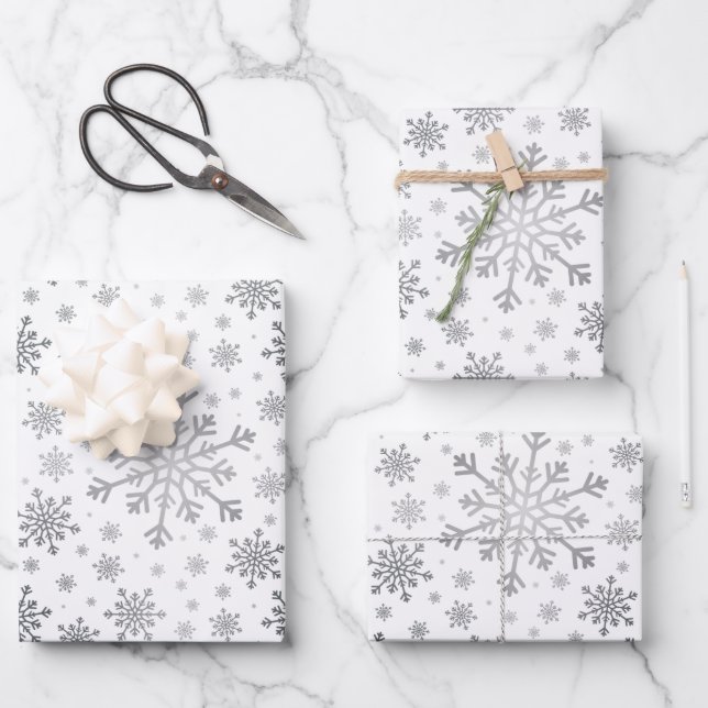Pretty Silver Christmas Snowflakes on Winter White Wrapping Paper Sheet (Front)