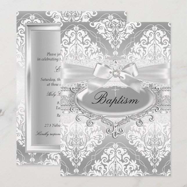 Pretty Silver Damask Bow Baptism Invitation (Front/Back)